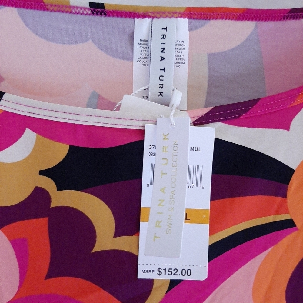 Trina Turk XL Retro Psychedelic Batwing Sleeve Mini Tunic Dress Pink Orange NWT - Picture 4 of 8